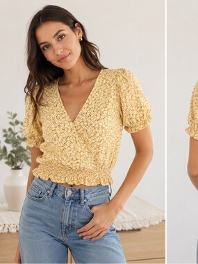 NWT Ardene Yellow Floral Puff Sleeve Wrap Blouse | Medium